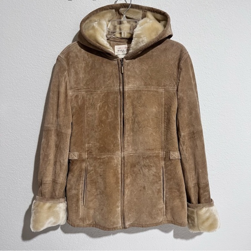 Vintage Maurices Camel Tan Suede Leather Hooded Faux Fur Lined Coat Large